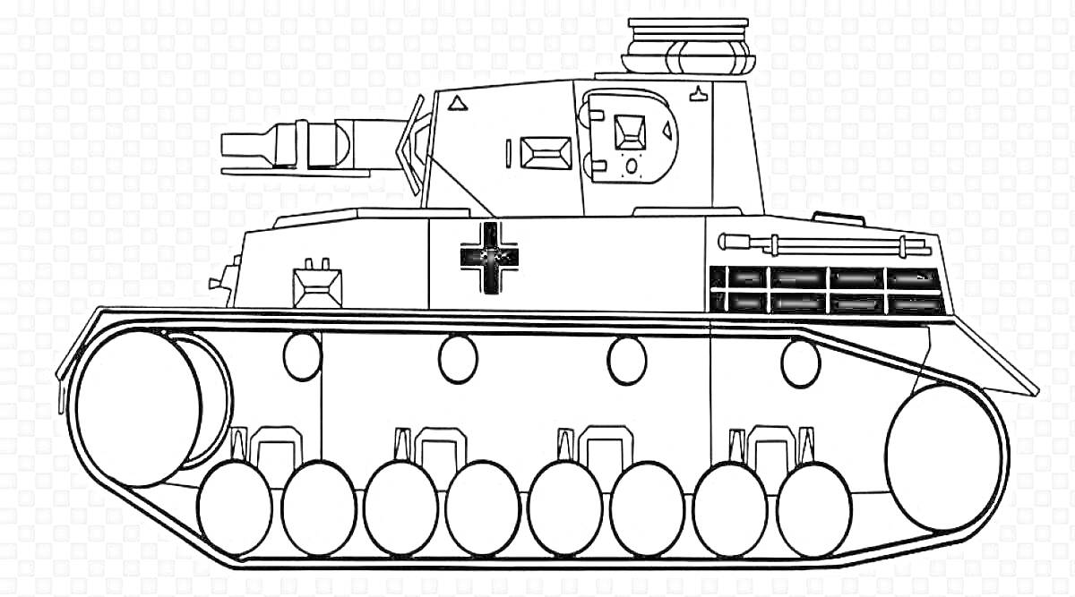 Раскраска Танковый рисунок с пушкой, гусеницами и крестом