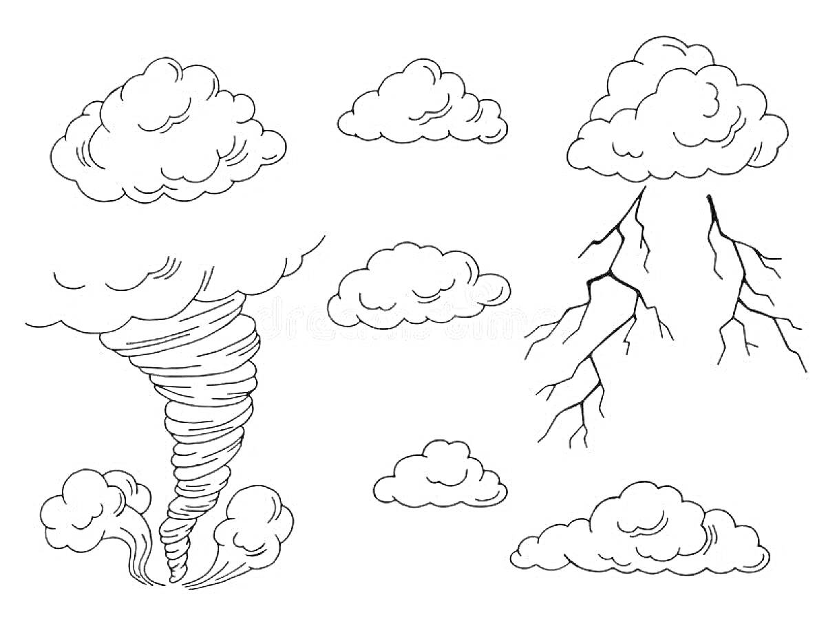 На раскраске изображено: Ураган, Торнадо, Облака, Природа, Буря, Стихия, Гроза