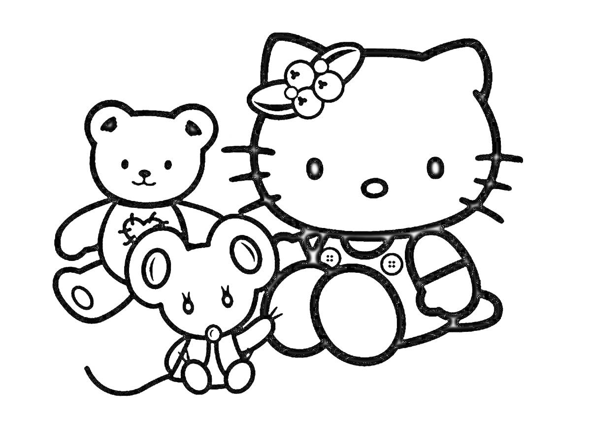 Раскраска Кошка Hello Kitty с бантом, плюшевый мишка и мышонок