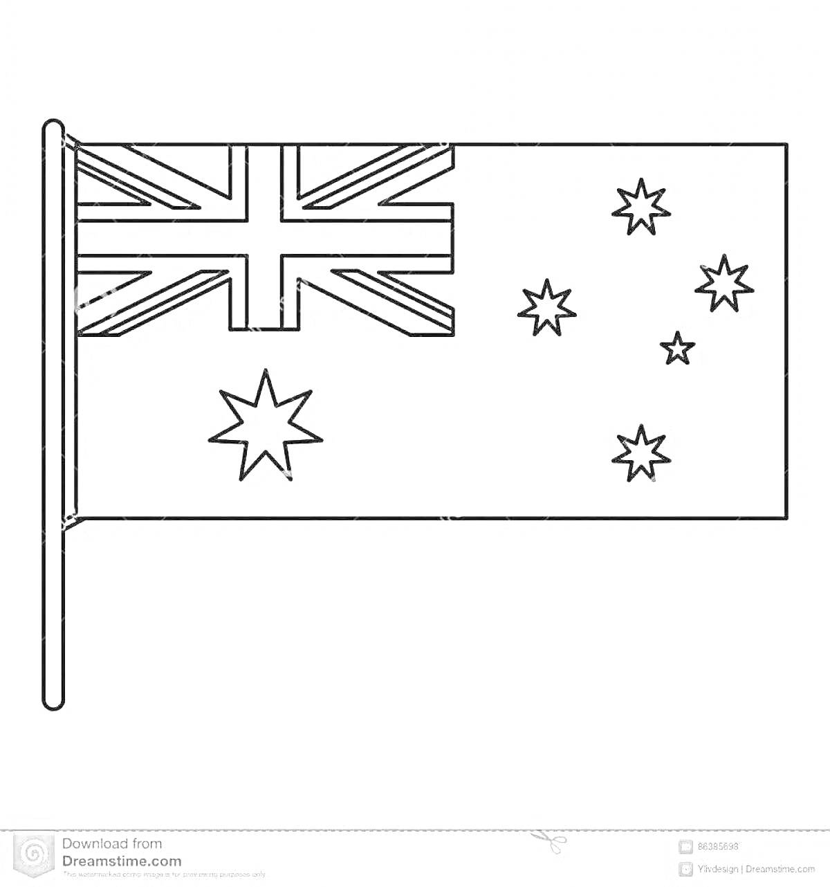 Раскраска с изображением флага Австралии с шестью звездами и британским флагом в верхнем левом углу.