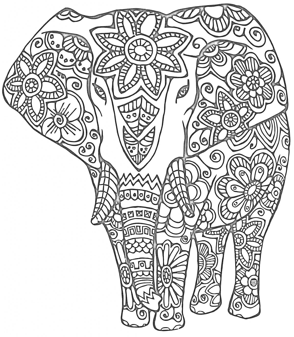 На раскраске изображено: Слон, Цветочные узоры, Абстрактные узоры, Антистресс, Арт-терапия
