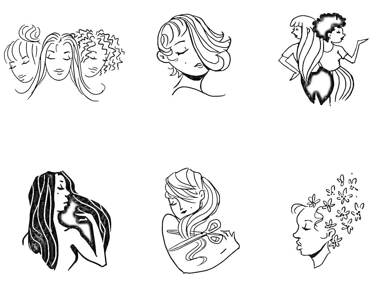 Раскраска женщины с различными прическами и стилисты