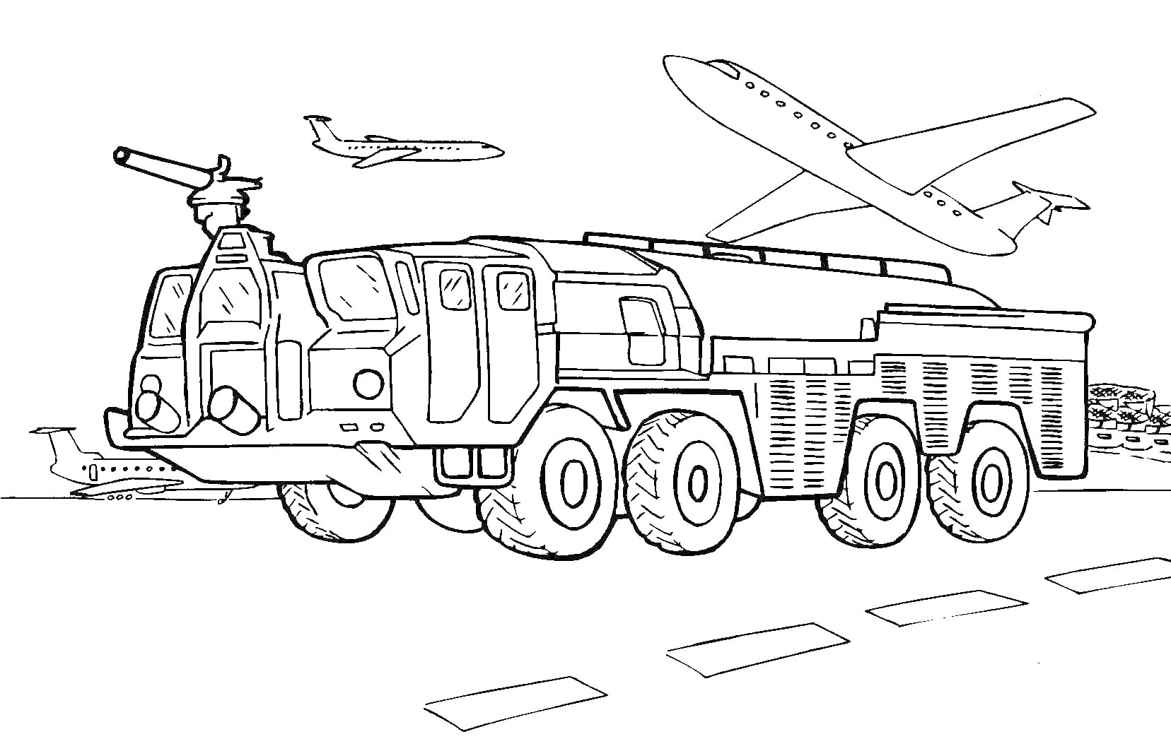 На раскраске изображено: Пожарная машина, Аэропорт, Самолеты, Пожарная техника, Авиация