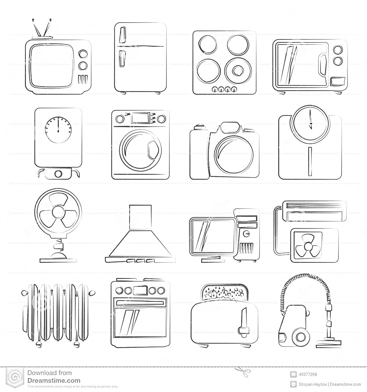 Раскраска Набор бытовых приборов: телевизор, холодильник, плита с духовкой, микроволновая печь, часы, стиральная машина, фотоаппарат, кухонные весы, вентилятор, вытяжка, монитор с системным блоком, кондиционер, радиатор, тостер, пылесос.