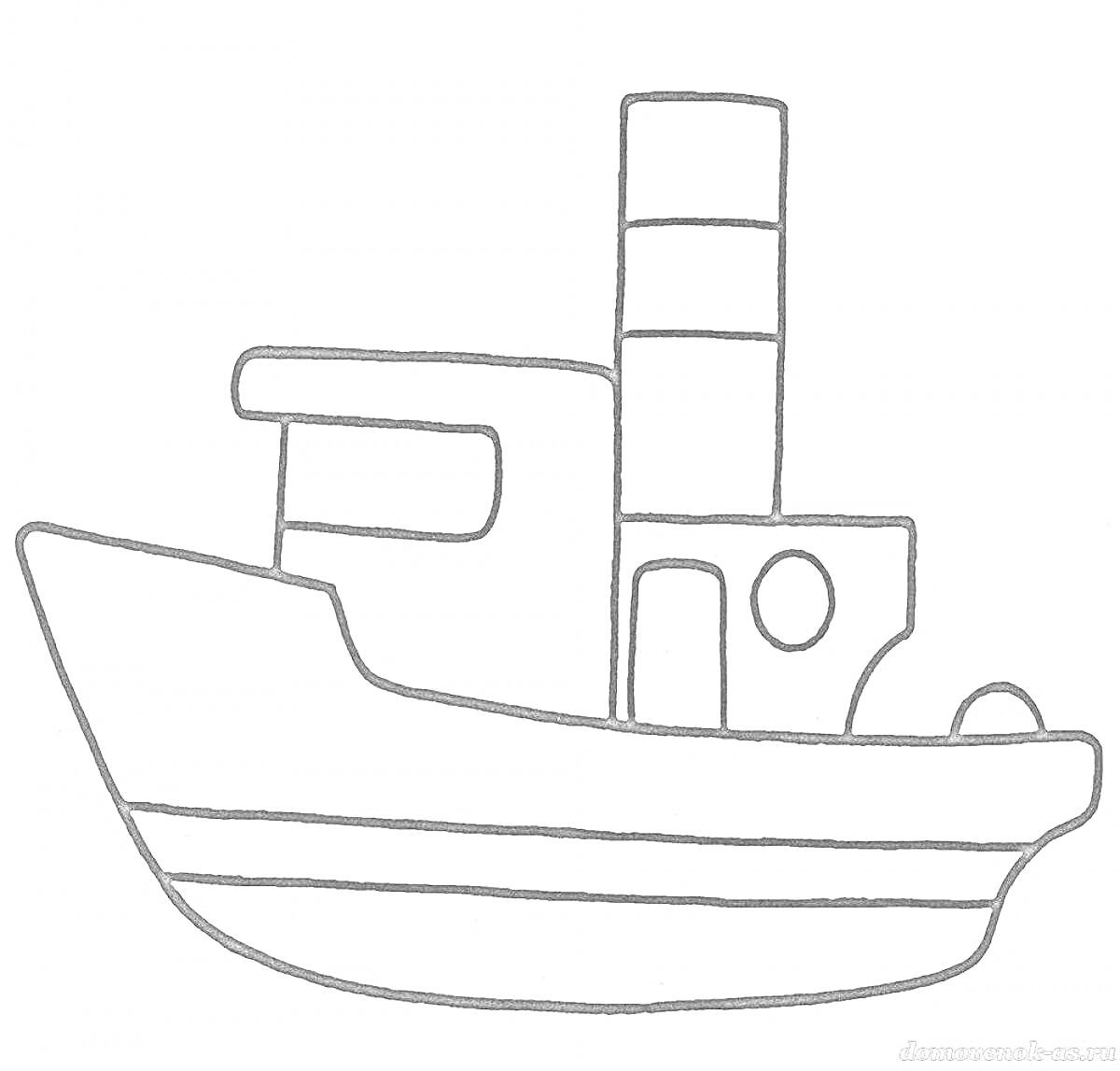 На раскраске изображено: Водный транспорт, Лодка, Труба, Судно