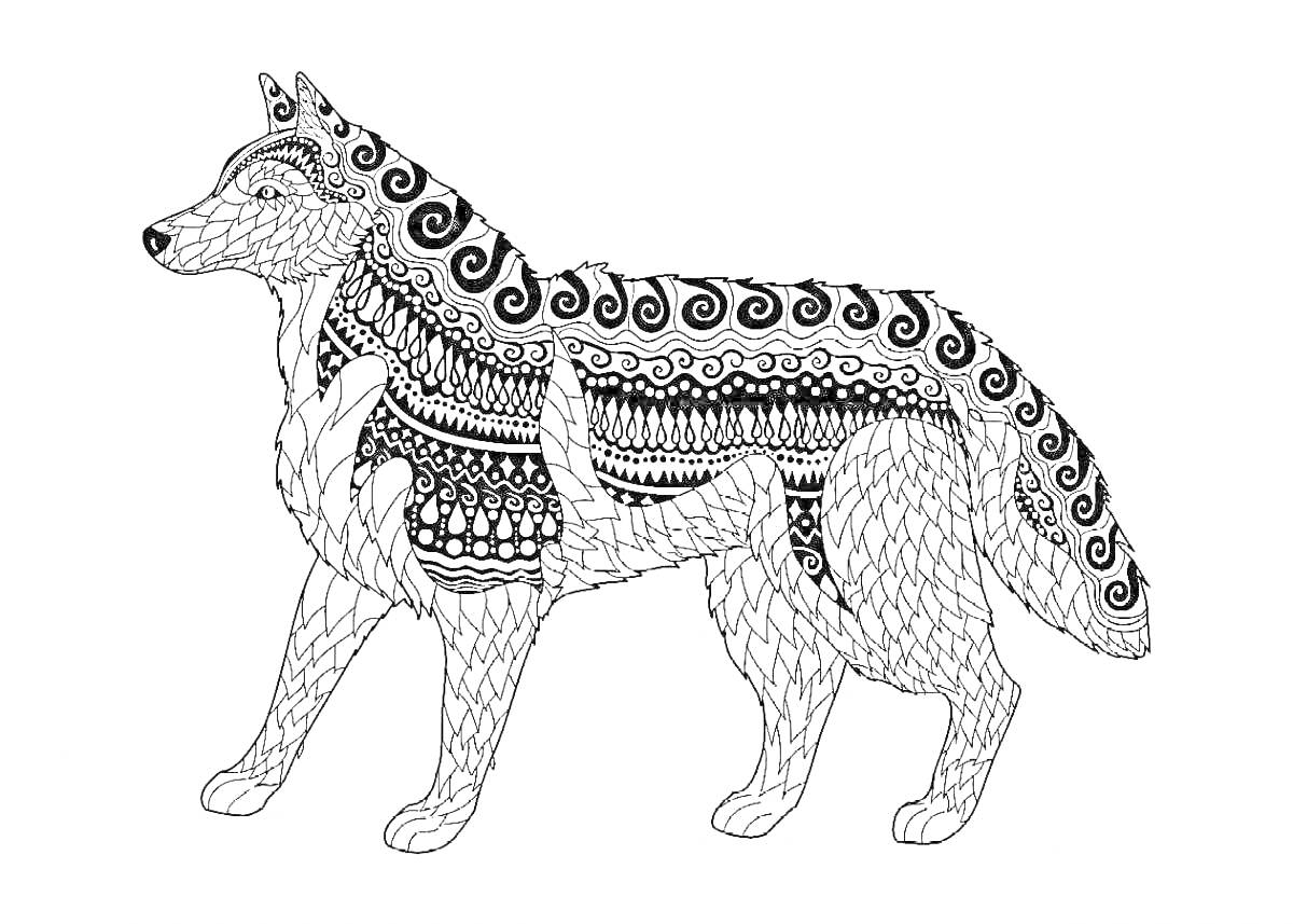 Раскраска Раскраска с изображением собаки с узорами в виде спиралей и других геометрических элементов по всему телу