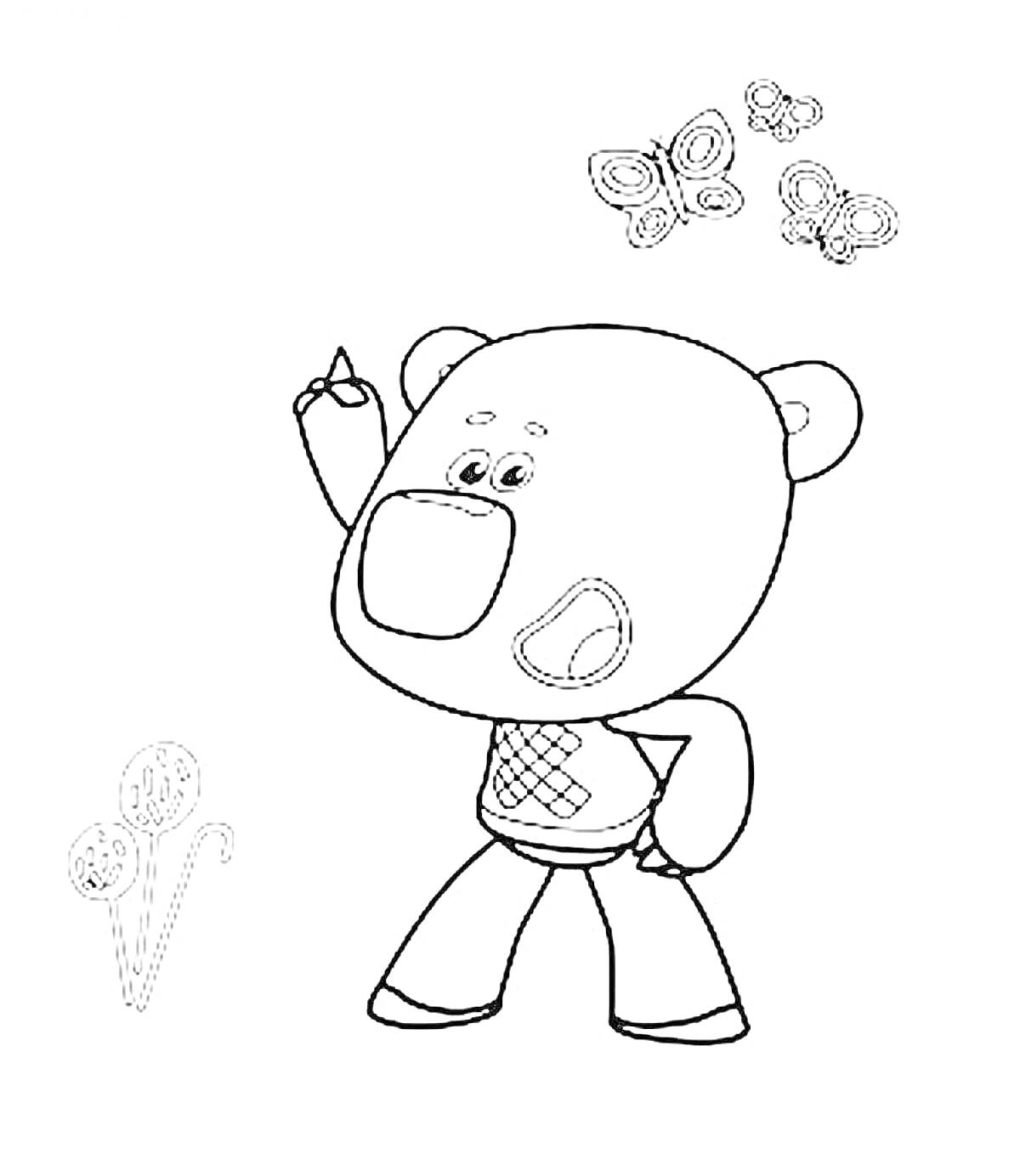 Раскраска Медвежонок с бабочками и травой