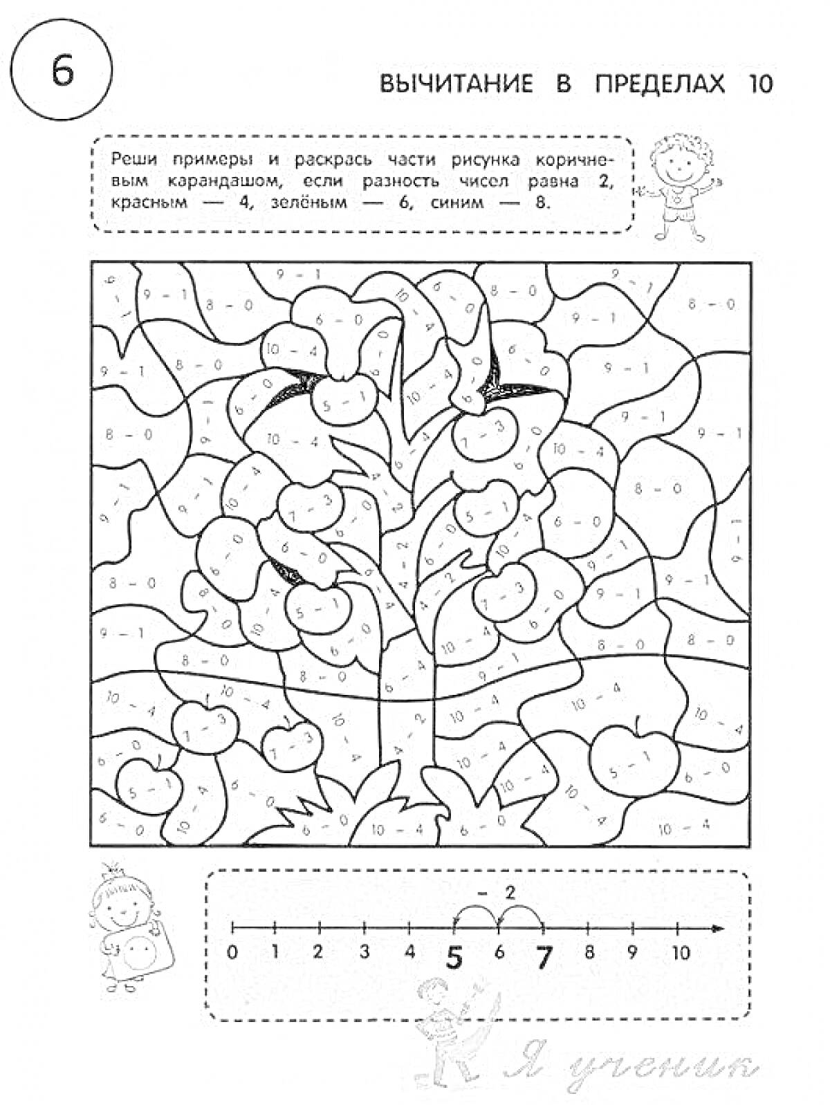 Раскраска с примерами на вычитание в пределах 10 с изображениями яблок и листьев