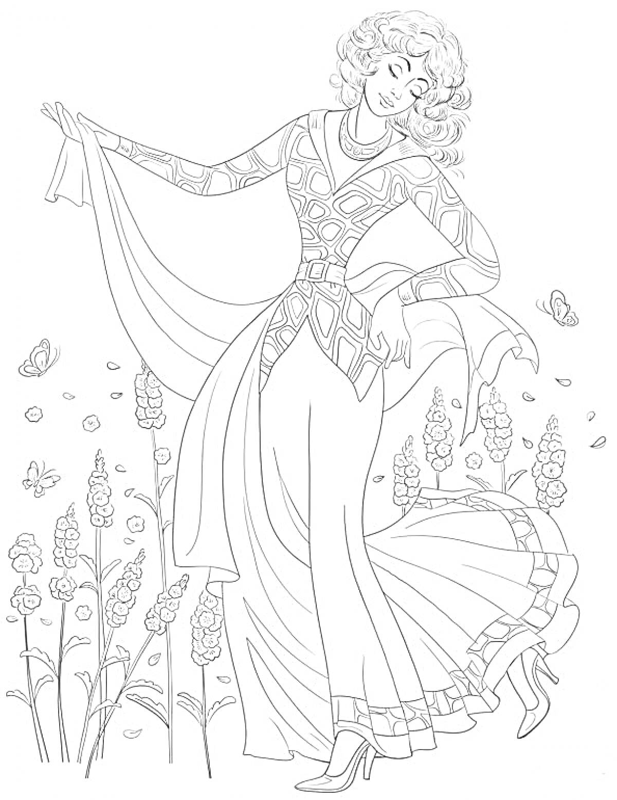 На раскраске изображено: Женщина, Платье, Цветы, Природа, Высокие каблуки, Узоры, Бабочка, Длинные платья