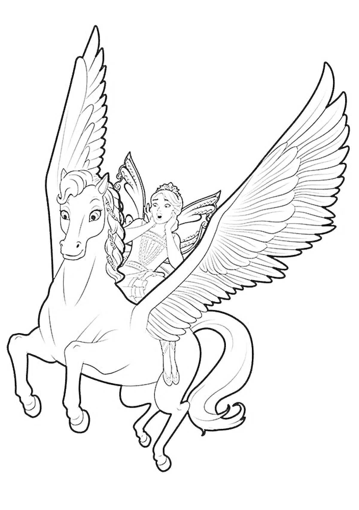 На раскраске изображено: Принцесса, Пегас, Крылья, Волшебное существо, Фэнтези