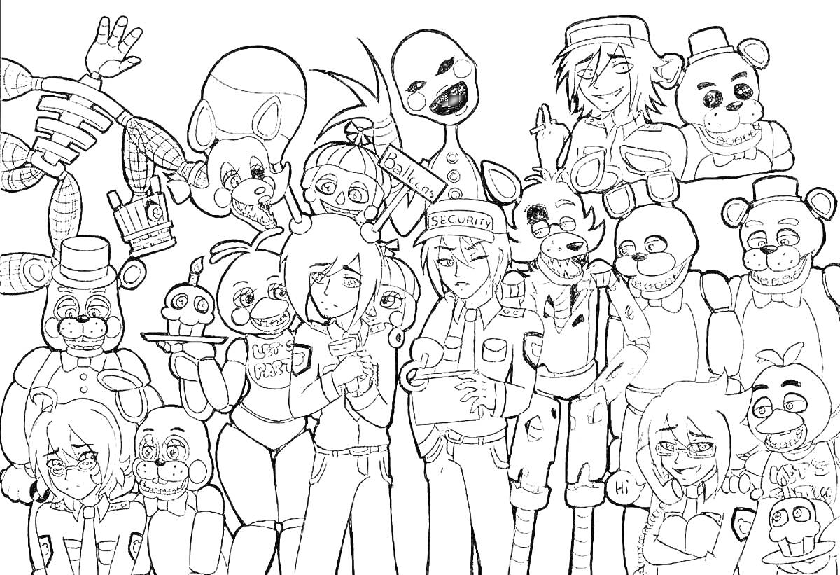 Раскраска Раскраска с изображением всех аниматроников из игры 