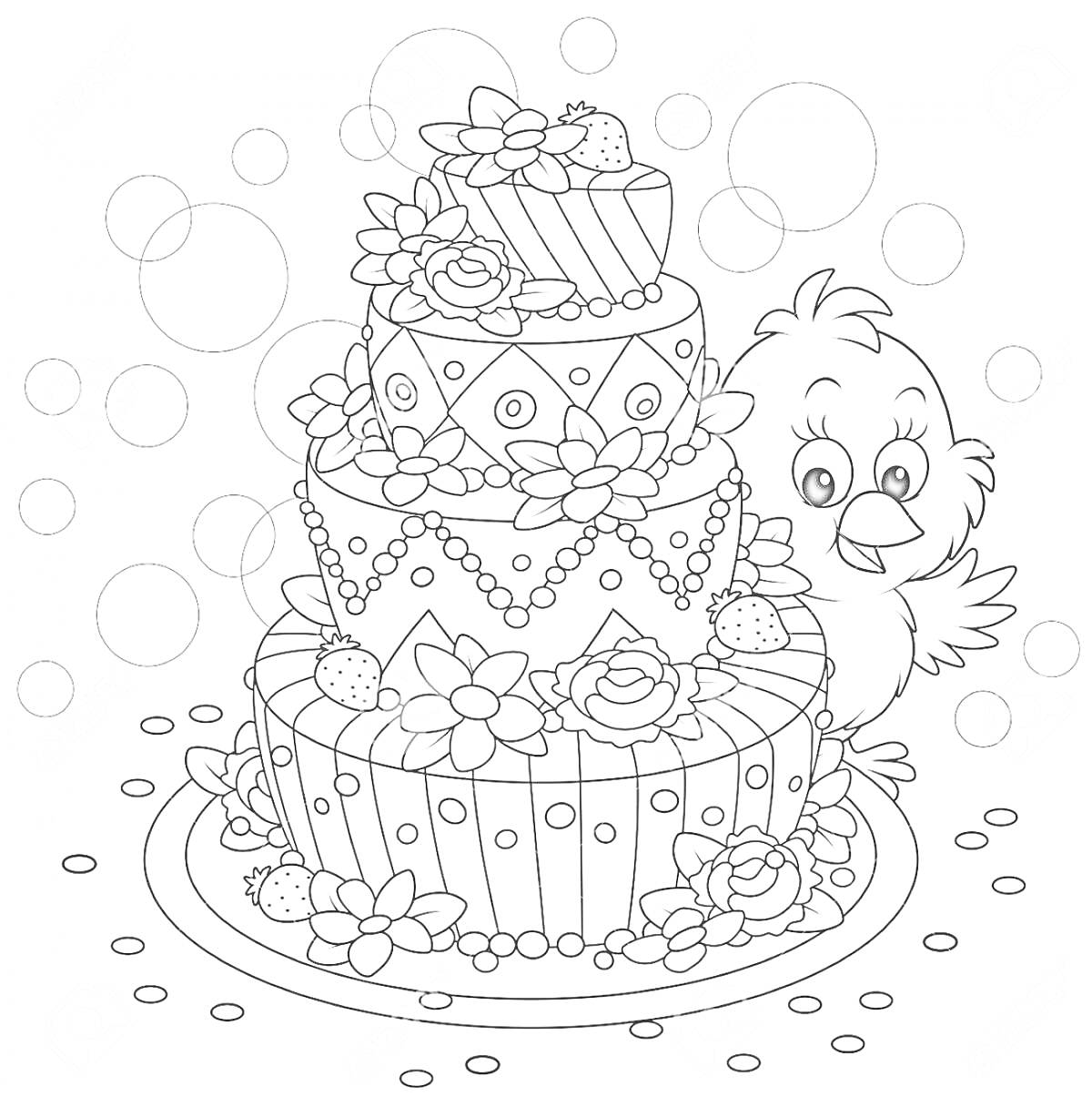 На раскраске изображено: Торт, Цветы, Ягоды, Птенчик, Праздничный торт, Сладости
