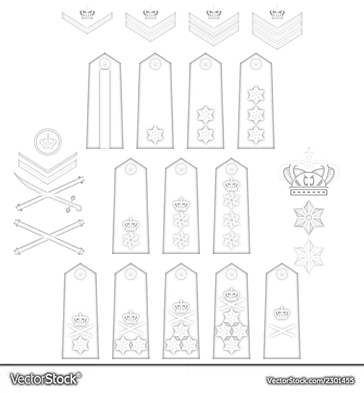 На раскраске изображено: Погоны, Звезды, Военная форма, Символы, Корона