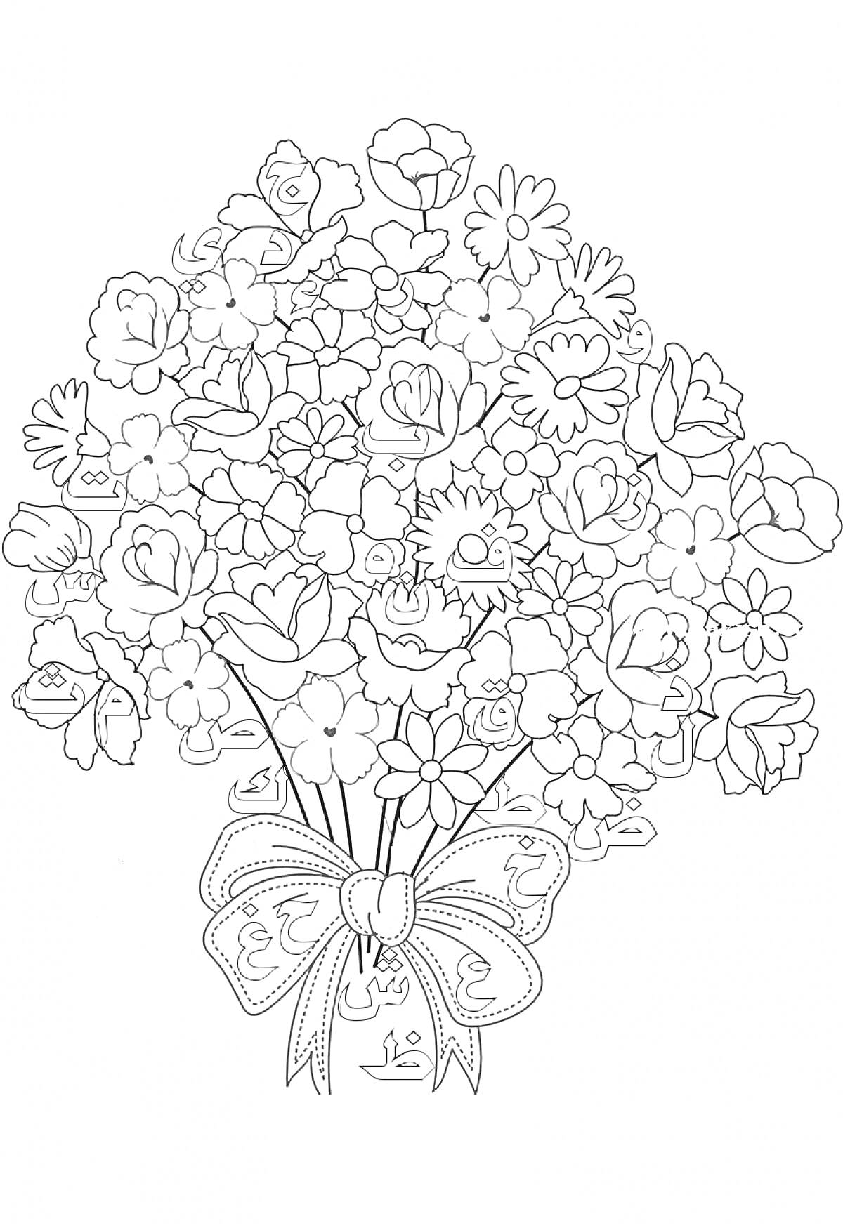Раскраска Букет цветов с бабочками и бантом