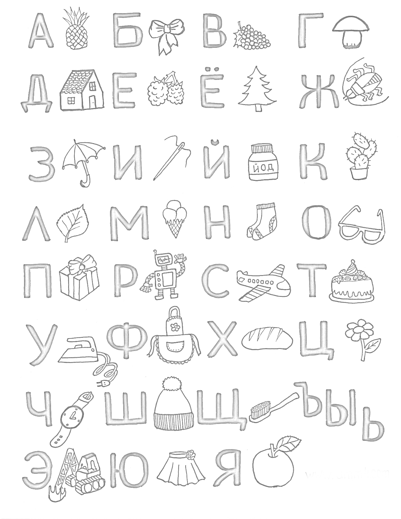 На раскраске изображено: Алфавит, Буквы, Ананас, Ваза, Г, Дом, Еж, Ж, Йод, Кубок, Очки, Робот, Торт, Утка, Хлеб, Шапка, Щ, Щетка, Твердый знак, Ь, Мягкий знак, Эскимос, Яблоко, Буква А, Буква Б, P, Листья, Подарки, Носки, Цветы, Грибы, Бант, Бутылка, Ёлки, Жуки, Зонт, Зубы, Иголки, Исторические здания, Буква к, Буква Л, Буква М, Медведь, Мячи, Няшные, Пятна, Рыцари, Самолеты, Буква У, Буква ф, Флаг, Цыплята, Чиби, Буква Ю, Юбки, Ювелирные изделия, Буква H, Буква C, Буква T, Буква Z, Собака