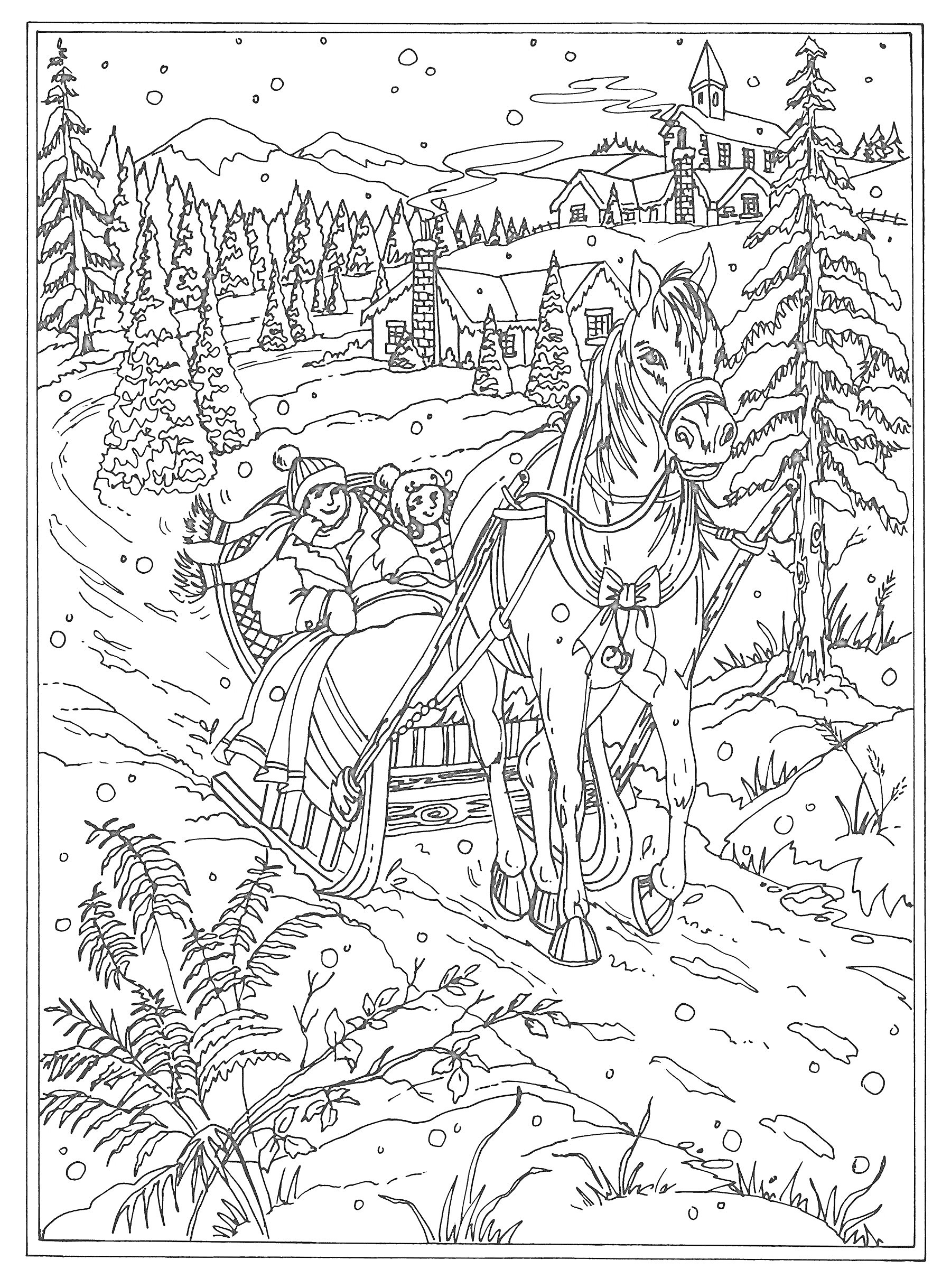На раскраске изображено: Лошадь, Сани, Зимний пейзаж, Деревья, Снег, Горы, Церковь, Природа, Деревня, Для детей, Дом, Праздники