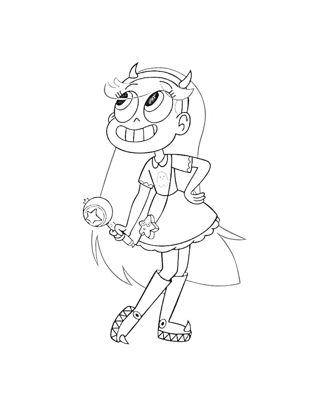 На раскраске изображено: Девочка, Жезл, Длинные волосы, Платье, Сапоги, Из мультфильмов, Звезды