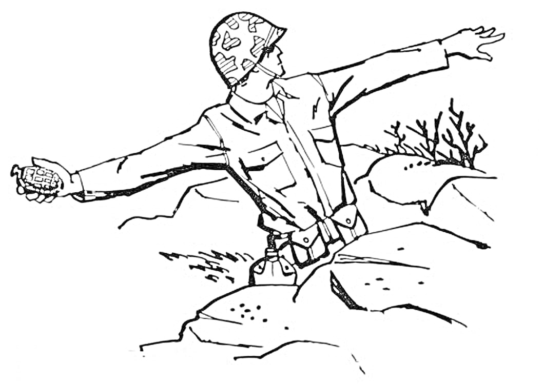 Раскраска Солдат в форме с каской, бросающий гранату, среди камней и кустарника