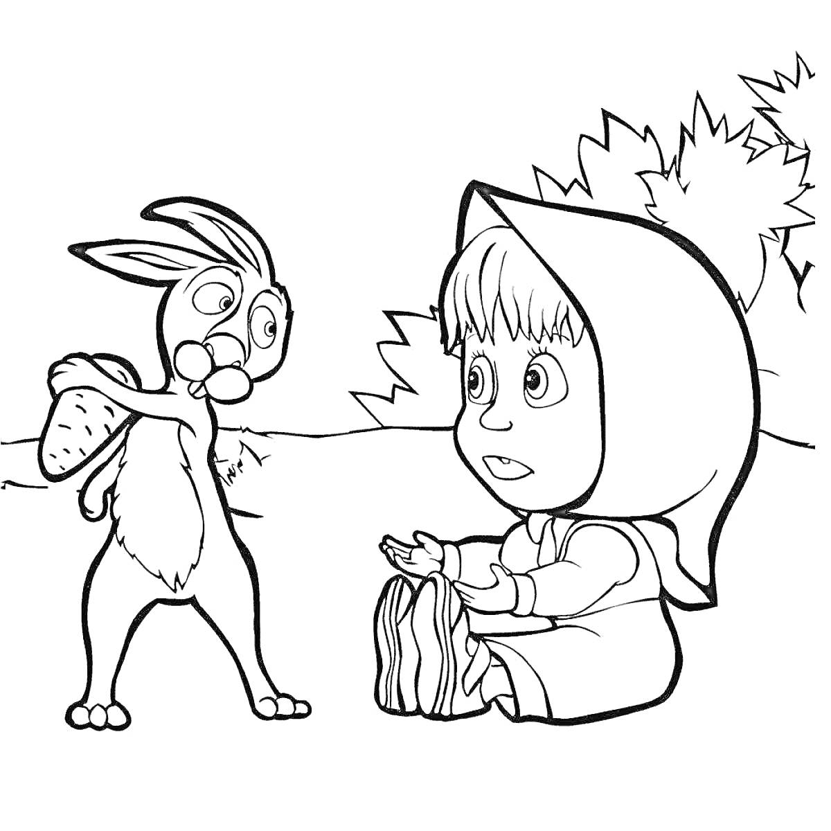 Раскраска Маша и Медведь: Маша разговаривает с Зайцем, держащим морковь, на фоне деревьев