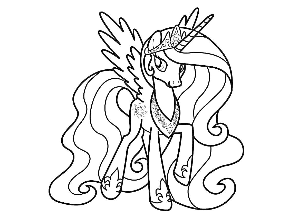 Раскраска Пони с длинной гривой, крыльями и рогом на голове