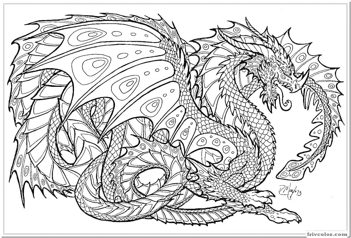 Раскраска Плетёный дракон с узорчатыми крыльями и закрученным хвостом