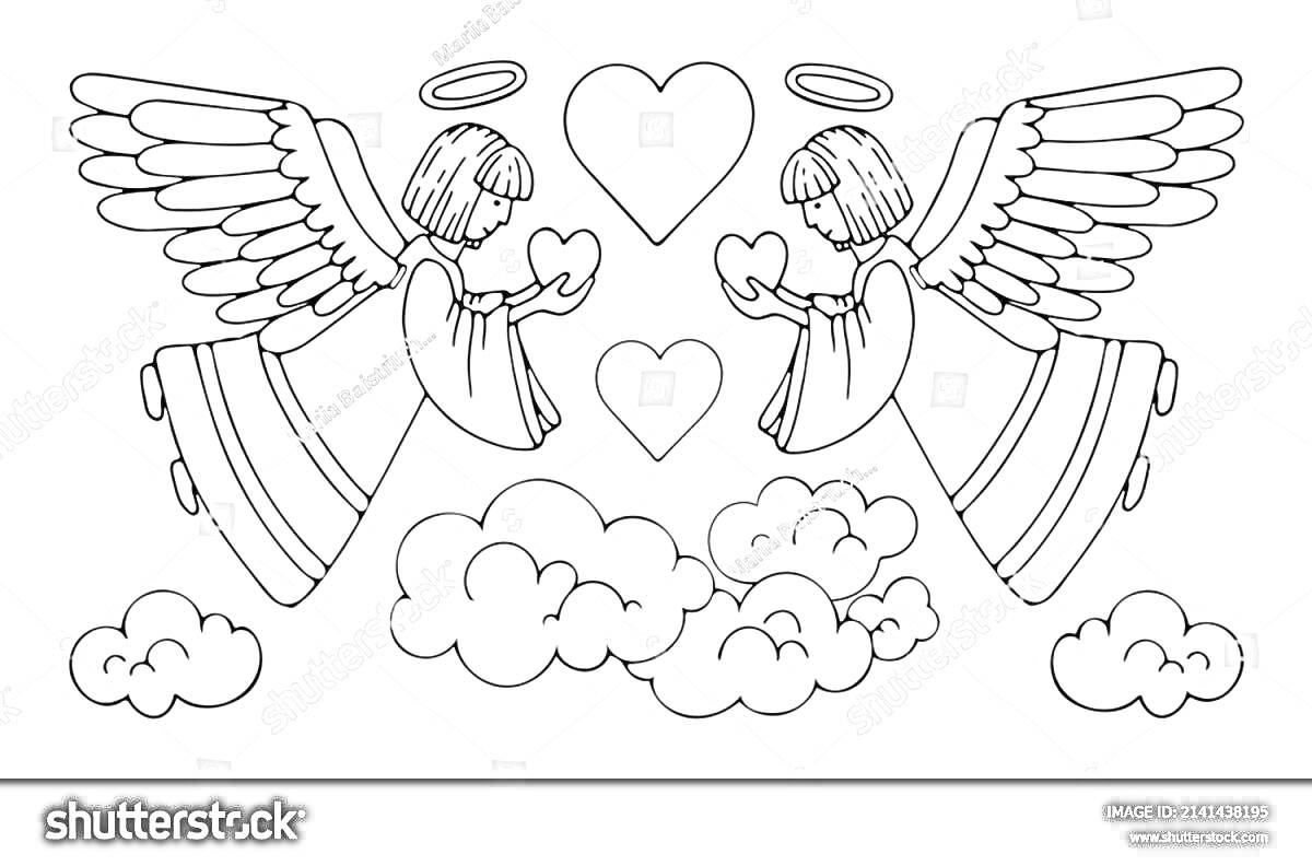 Раскраска Два ангела-хранителя с сердцами, облака