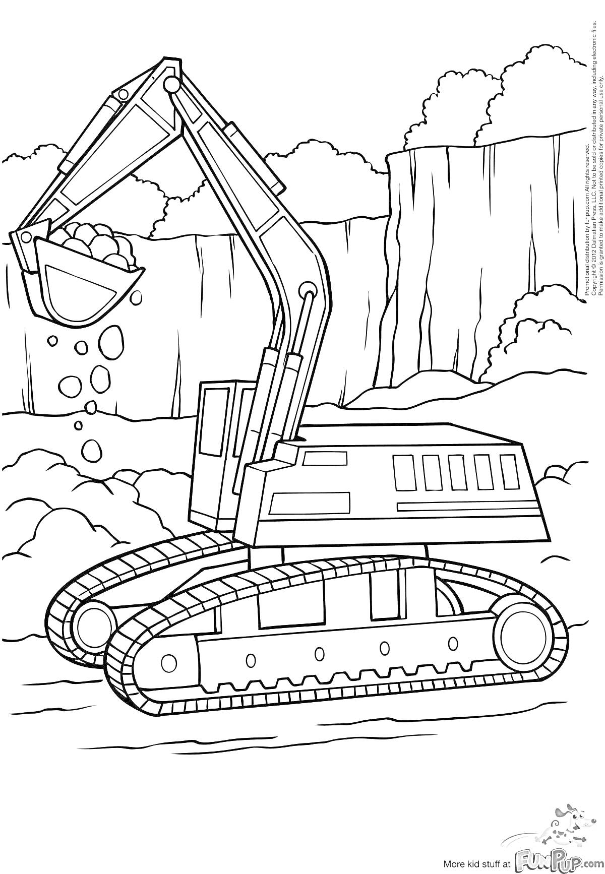 Раскраска Экскаватор на гусеничном ходу с ковшом, работающий возле скал и гор