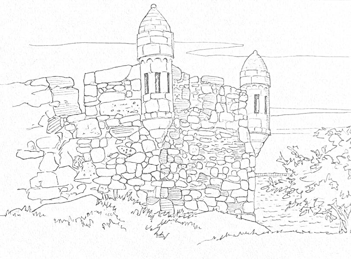 Раскраска Средневековый замок на берегу моря с двумя башнями