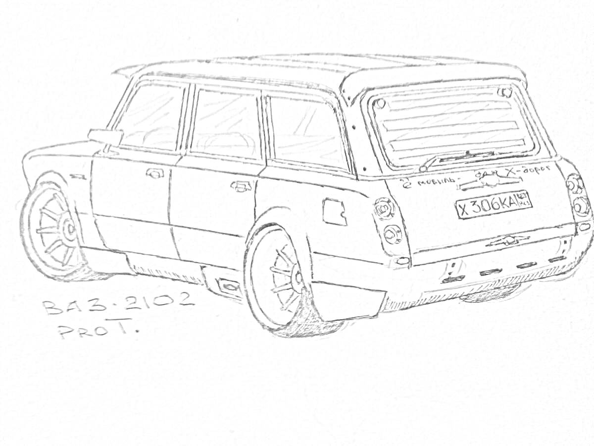 Раскраска ВАЗ 2102 Прототип с косыми задними фарами, спортивным обвесом и колесами.