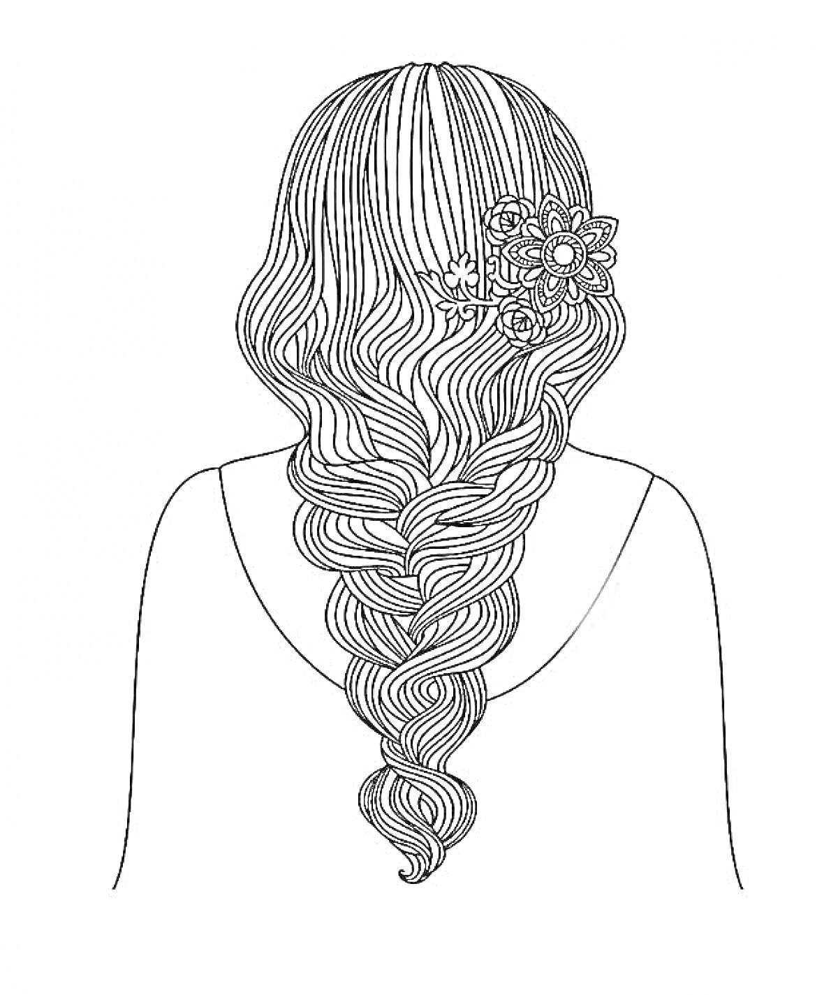 Раскраска Прическа с длинной косой и цветочным украшением