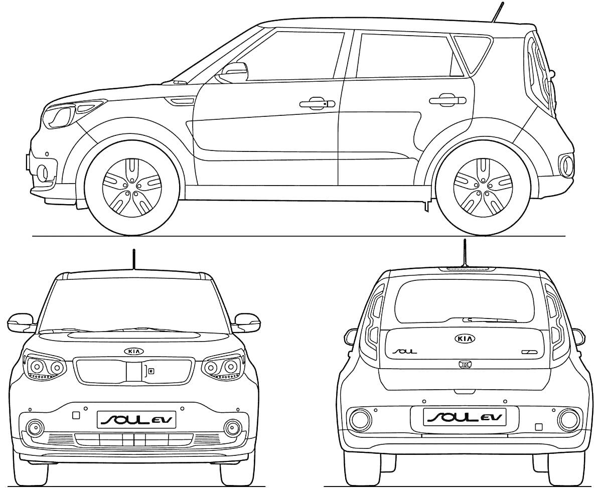 Раскраска Вид с разных ракурсов на автомобиль KIA Soul