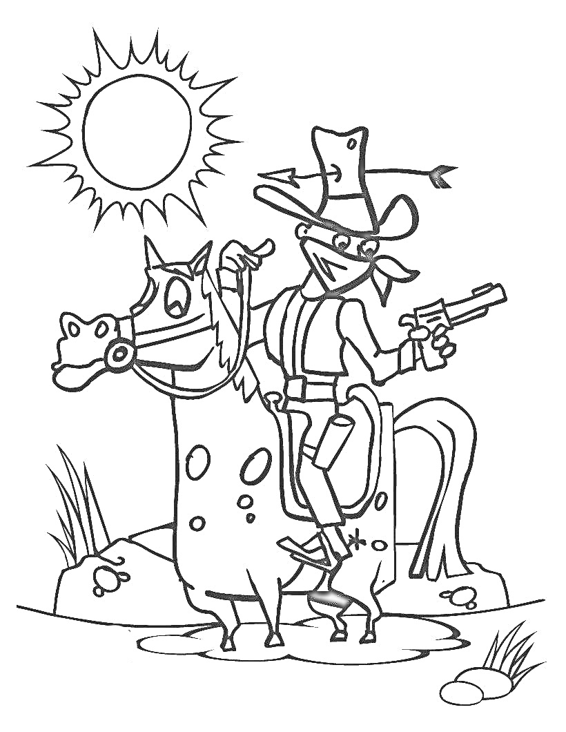 На раскраске изображено: Бандит, Лошадь, Пистолет, Солнце, Шляпа, Стрела, Оружие, Природа, Кусты, Камни, Ковбои