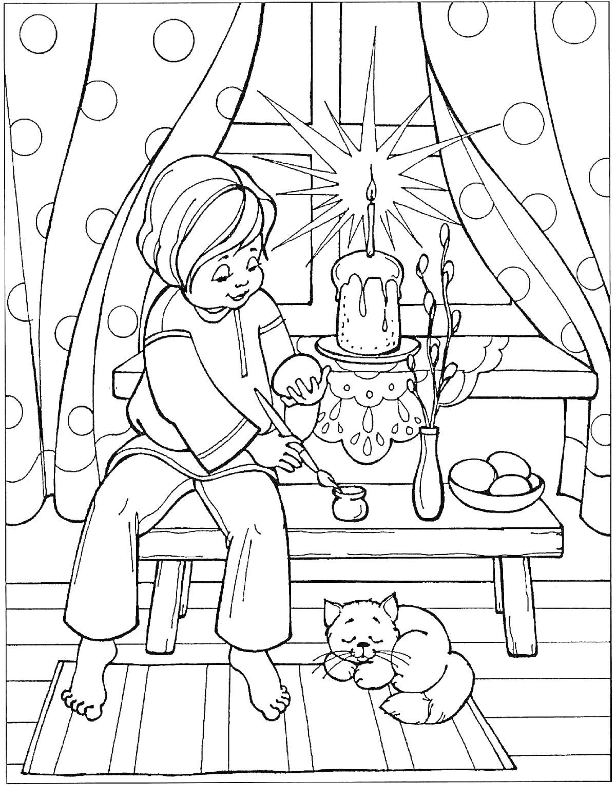 Раскраска Ребенок на скамейке с пасхальной свечой и яйцами, сидящая кошка