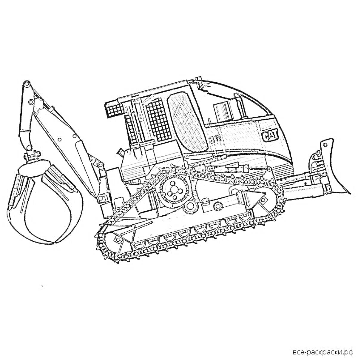 Гусеничный трактор с манипулятором и ковшом