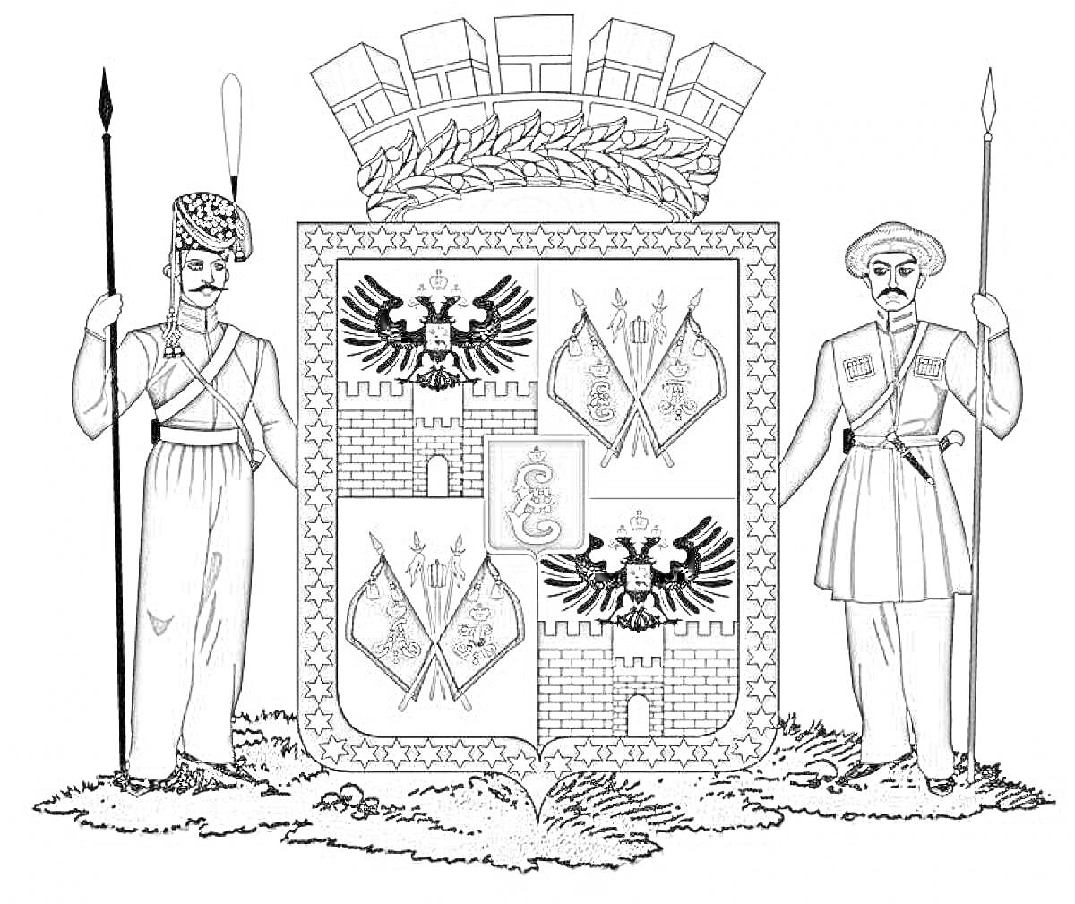 Раскраска Герб Краснодара с изображением щита, орлов, пикинеров, копий и крепостной стены, украшенный короной и венком.