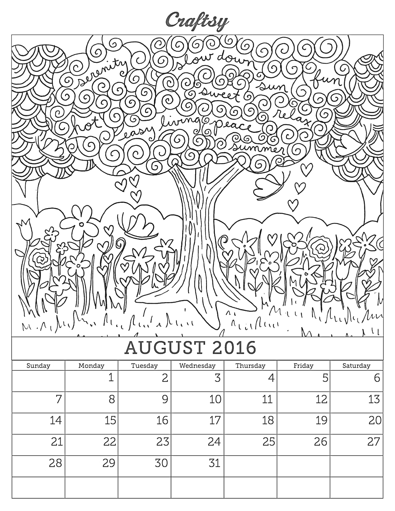 Раскраска календарь-раскраска, большое дерево с облаками, травы и цветы, узоры, сердечки, надписи на листьях