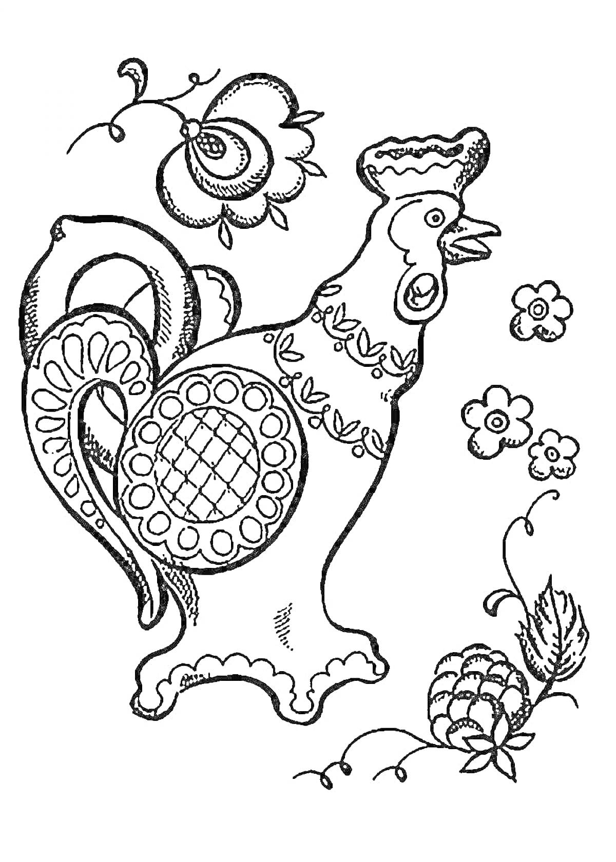 Раскраска Петушок с цветочным орнаментом