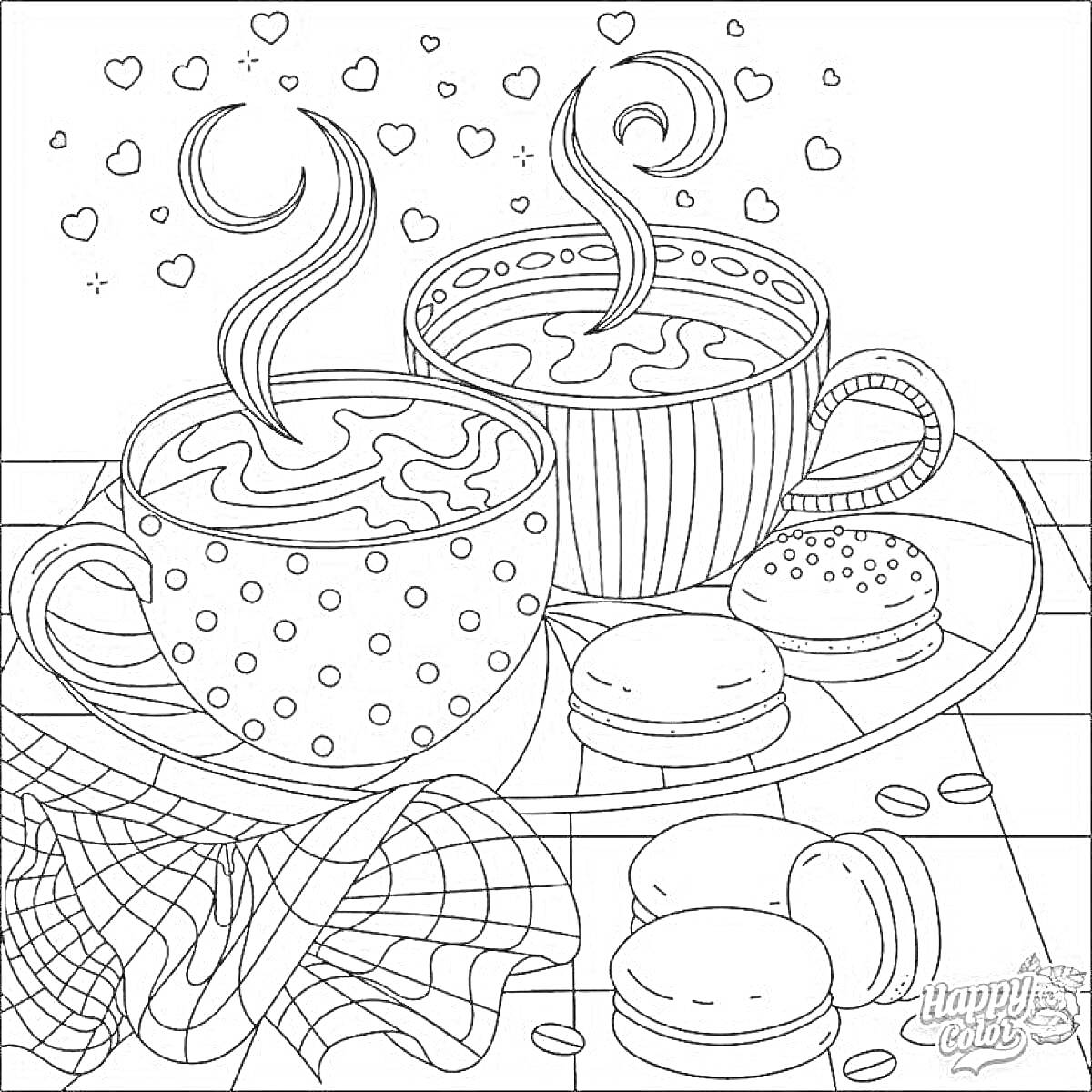 Раскраска Две чашки горячего напитка с печеньем на плоской тарелке на фоне стола с скатертью, сердечками и салфеткой