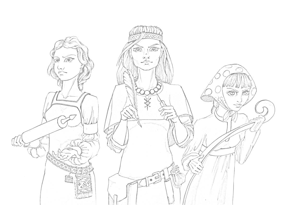 На раскраске изображено: Три богатыря, Традиционная одежда, Сказочные персонажи, Скалка, Лук