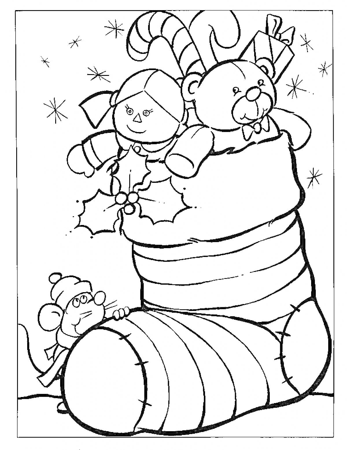 Раскраска Новогодний чулок с игрушками и мышкой