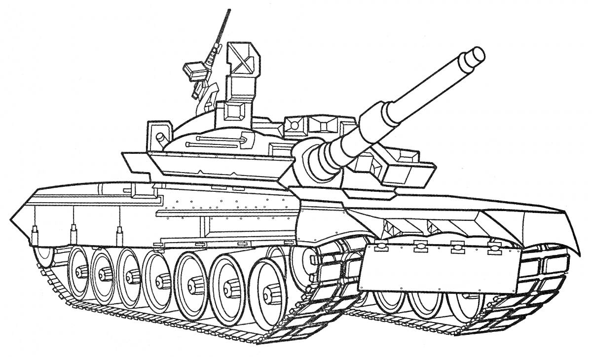 На раскраске изображено: Танк, Т-90, Военная техника, Гусеницы, Пушка, Антенны