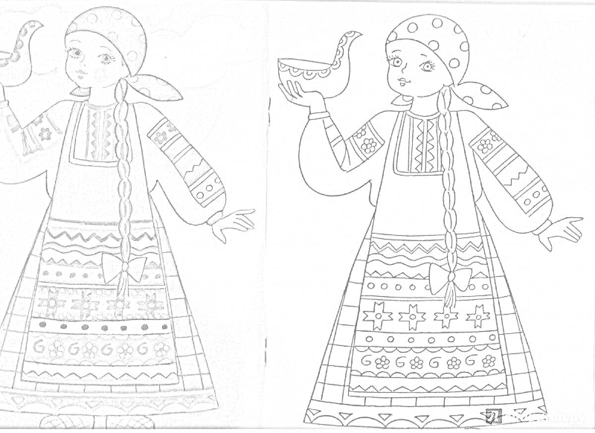 Раскраска Девочка в русском народном сарафане с птицей в руке