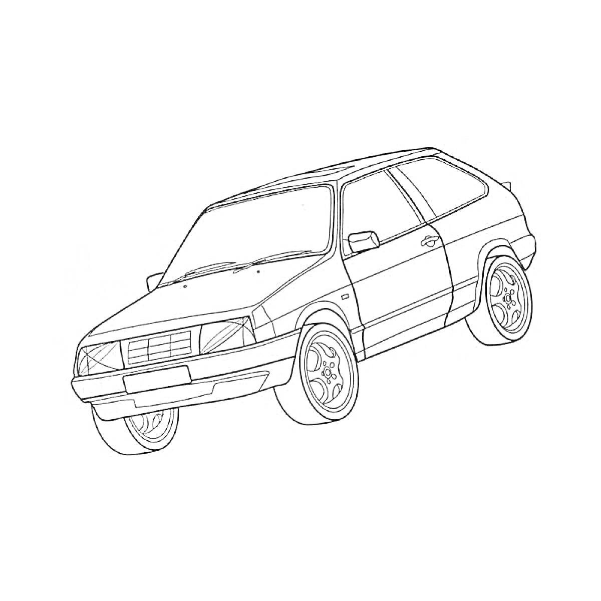 Раскраска Машина девятка, вид сбоку, передние и задние колеса, кузов, окна, передний капот, двери, фары