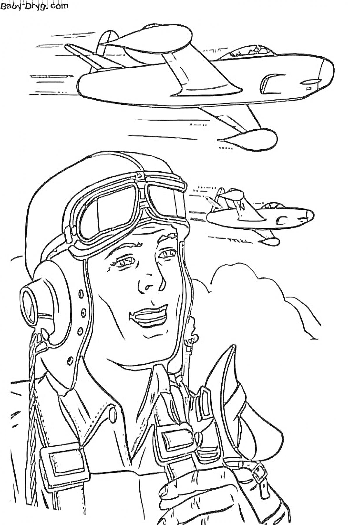 Раскраска Пилот с микрофоном на фоне летящих самолетов