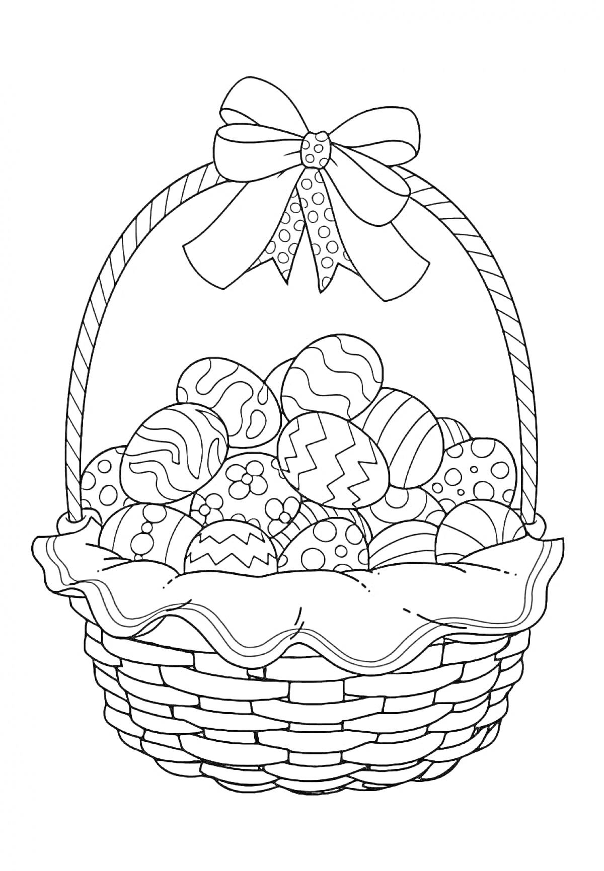 На раскраске изображено: Корзина, Пасхальные яйца, Бант, Плетеная корзина, Праздники