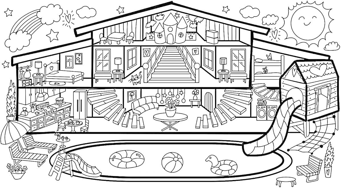 На раскраске изображено: Тока Бока, Дом, Бассейн, Горки, Мебель, Комнаты, Лестница, Лежаки, Солнце, Игрушки, Фонарики, Звезды, Облака