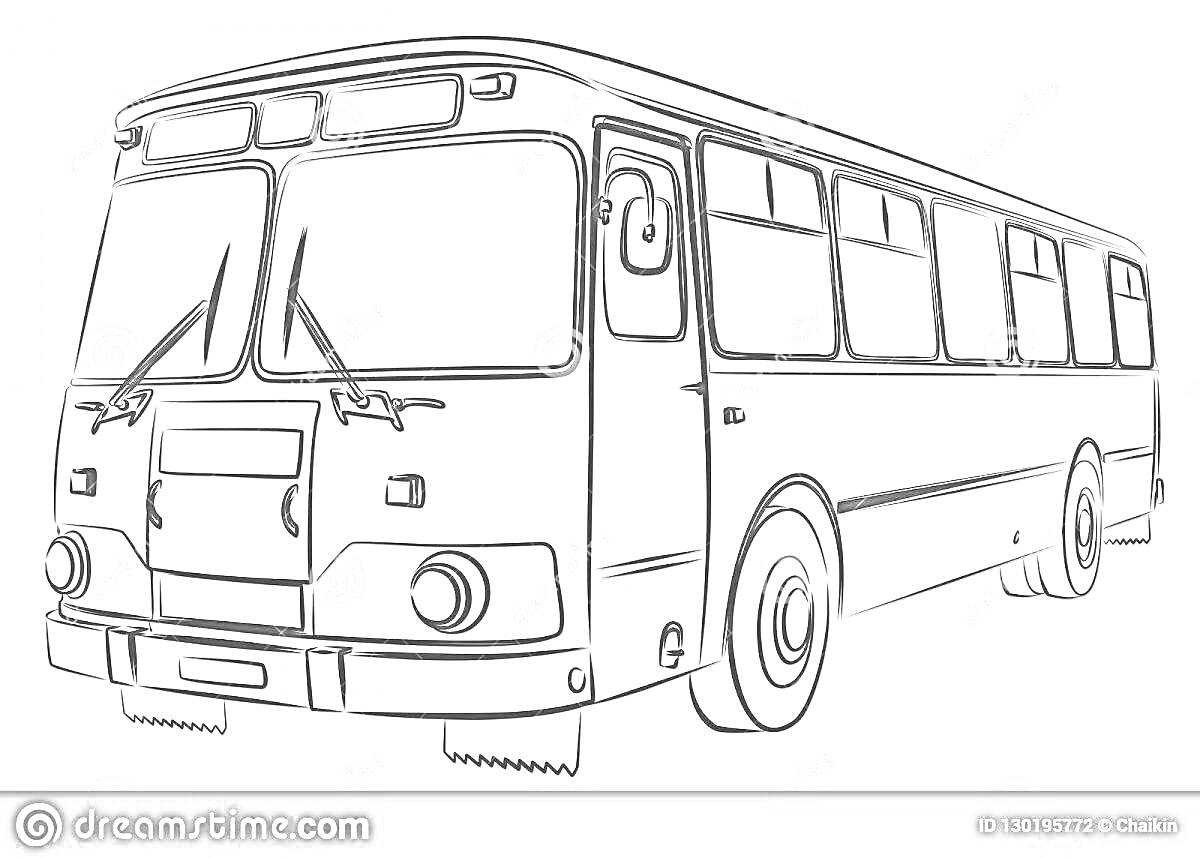 На раскраске изображено: Автобус, Транспорт, Лобовое стекло, Окна, Шины, Фары, Дворники