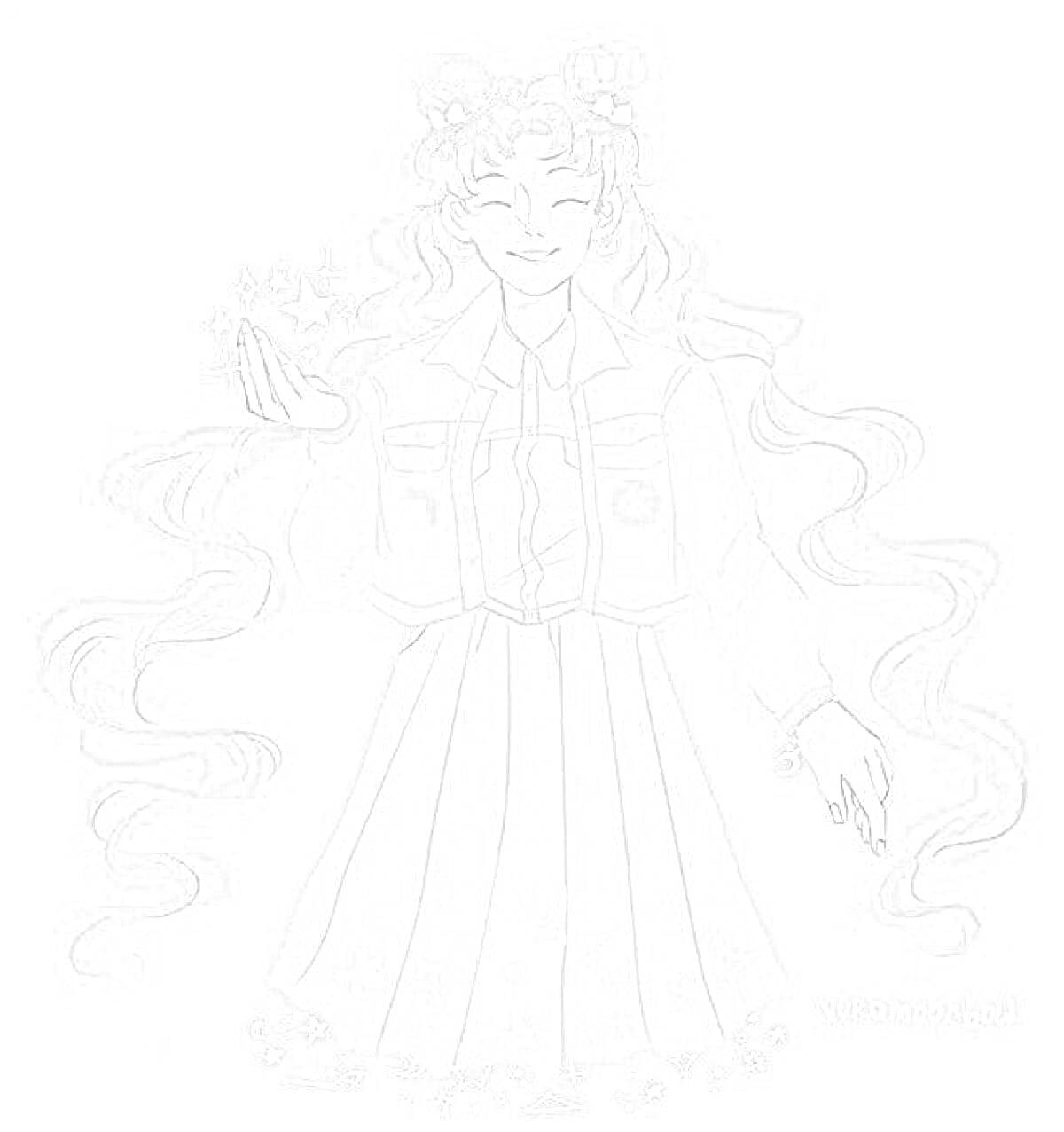 Раскраска Девушка с длинными волосами, в куртке и юбке, волшебство в руке