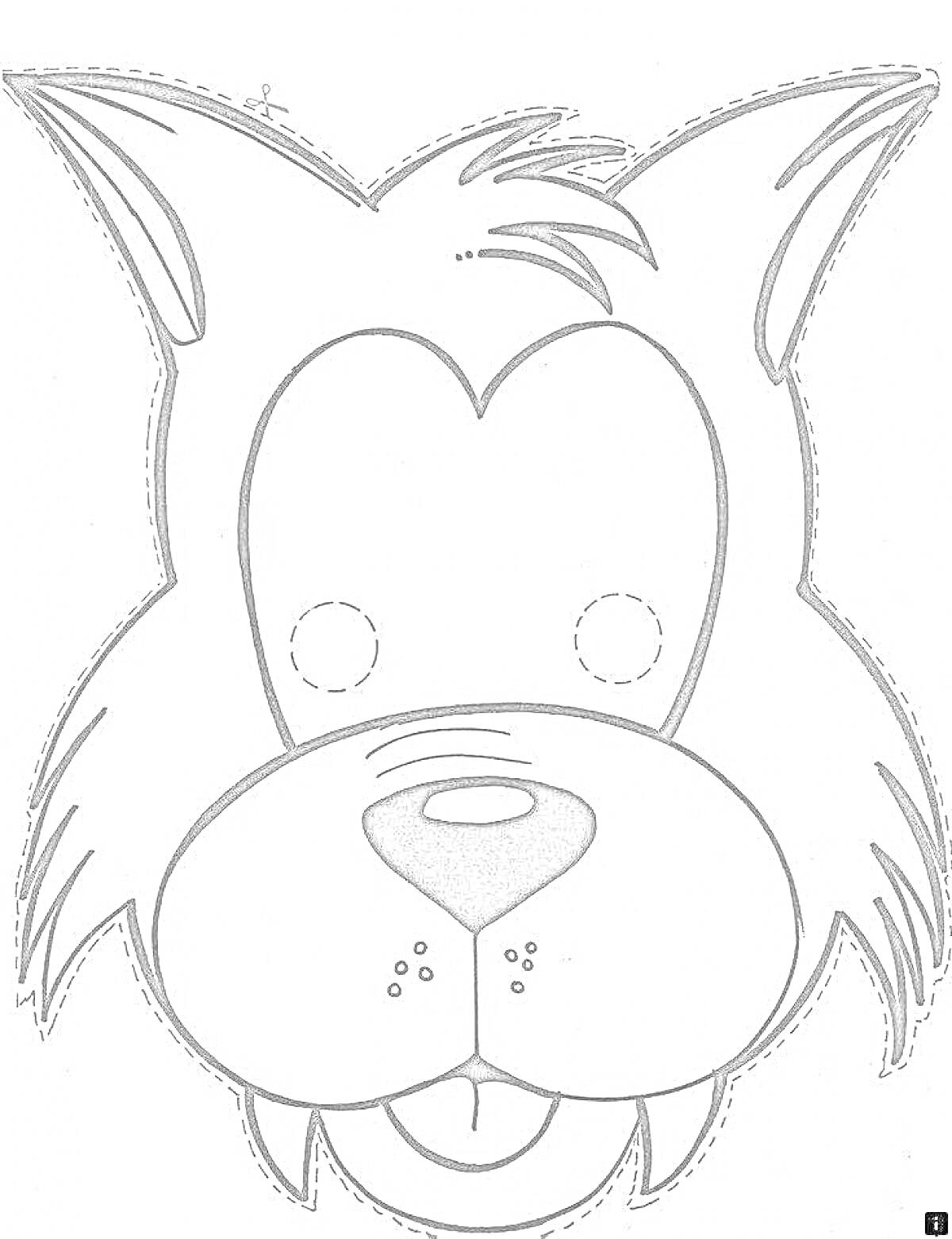 Раскраска Маска волка с ушами, глазными отверстиями и мордой с носом и зубами