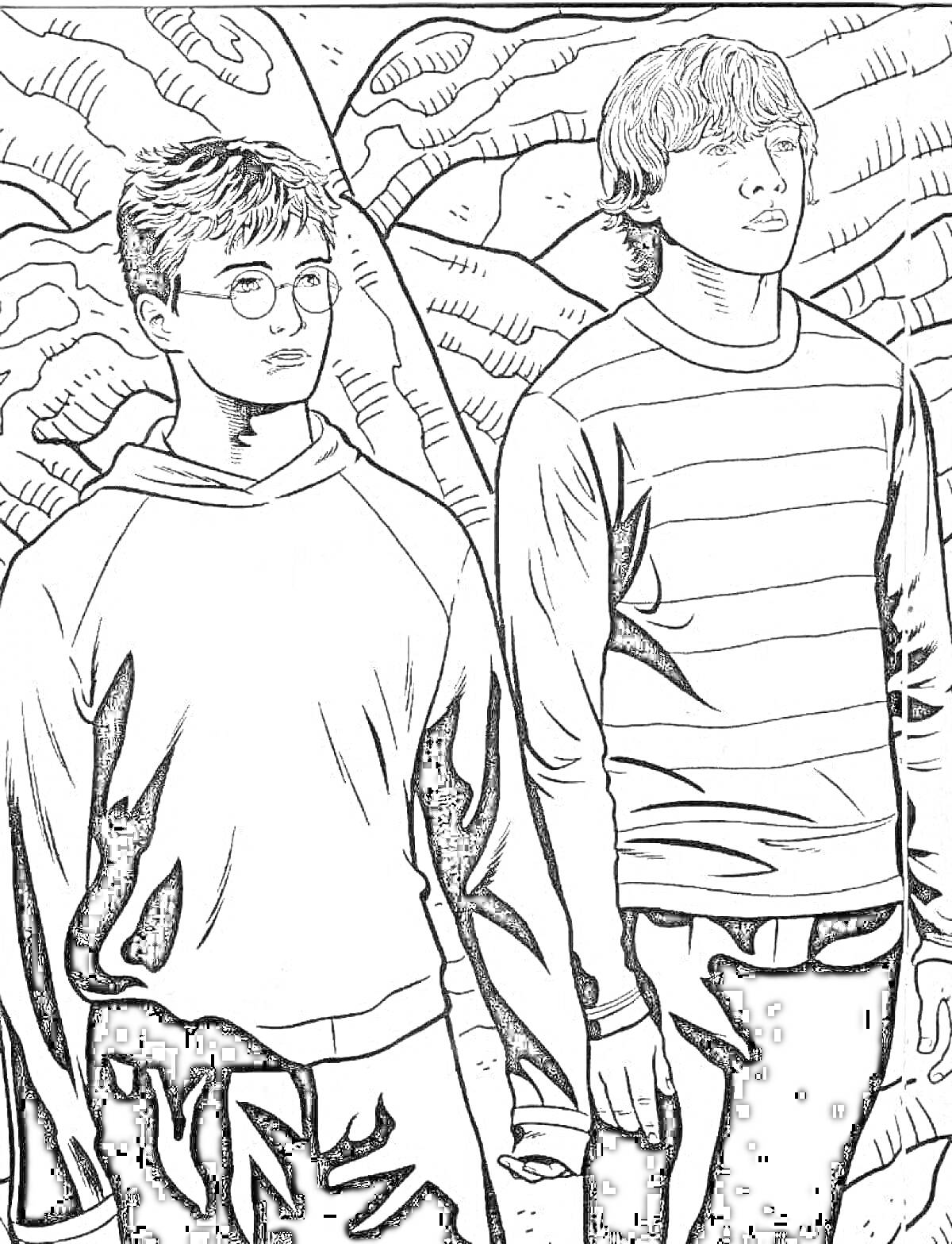 Раскраска два мальчика в очках и в полосатой рубашке на фоне природы